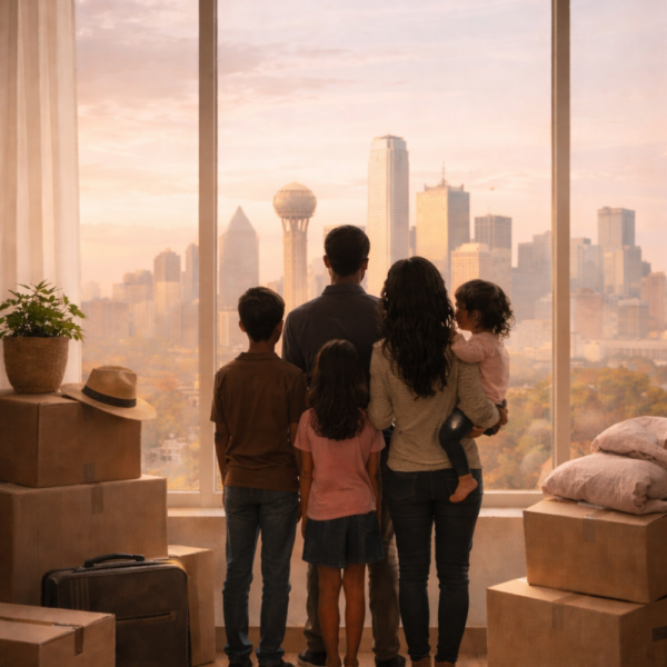 illustration of an African American family looking at Dallas symbolizing how God led us to Dallas